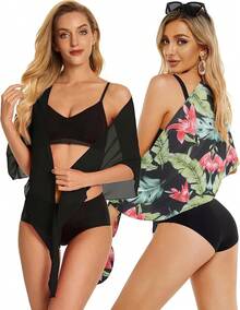 CHICGAL 2 Pieces Women Beach Sarong Bathing Suit Wrap Skirt Sheer Bikini Swimsuit Cover Ups Swimwear - 黑色和綠色復古葉子 - 查看 3