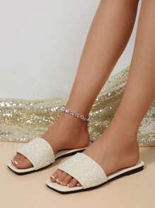 Women's Strap Crystal Embellished Slide Sandals, Summer Casual Versatile Outdoor Plastic Flat Slippers