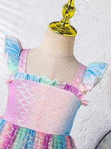 Young Girl' Dreamy Rainbow Unicorn & Fish Scale Print Ruffle Trim Cap Sleeve Dress, Sheer Fabric, Keep Away From Fire - Multicolor - View 3