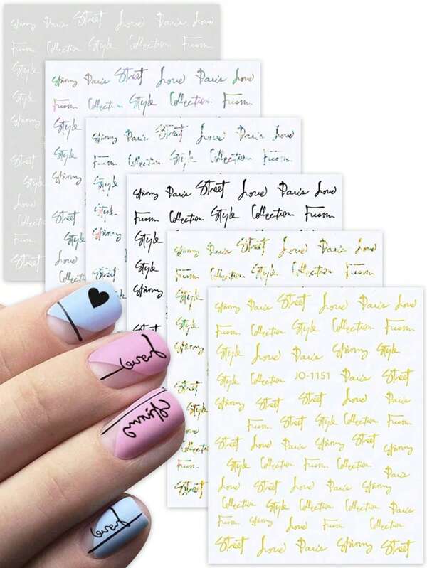 3/6 Sheets Cursive Word Nail Art Stickers - Self-Adhesive Lettering Decals In Gold, Silver, Black For DIY Nail Design, Paris Style Script Nail Decorations