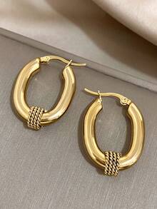 1 对朋克时尚扭曲不锈钢环状耳环女士复古金色 U 形吊坠耳环派对日常珠宝 - 金黃色 - 查看 1