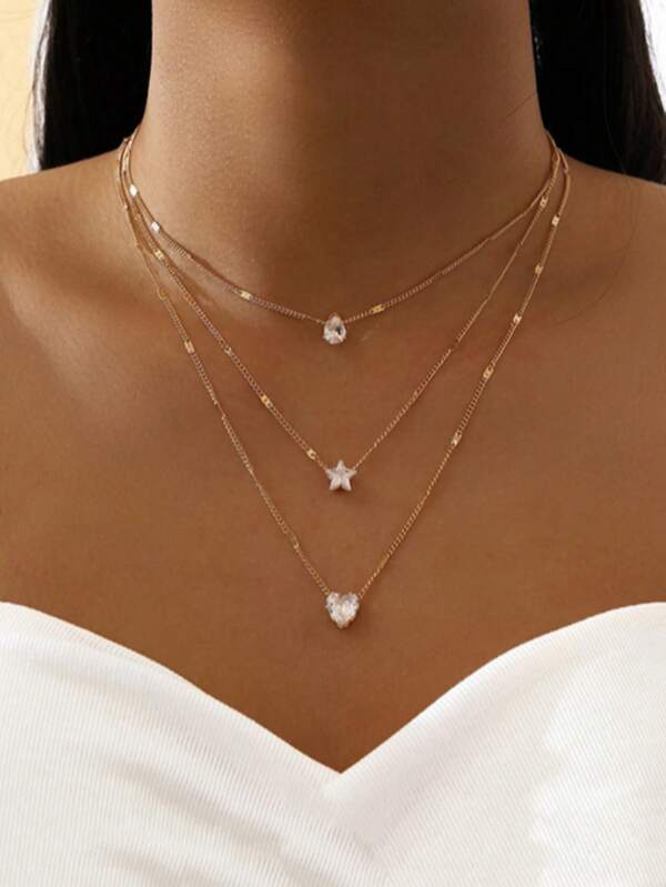 1 Stück modische, einfache, mehrschichtige Halskette mit Pentagramm, Herz, Tränenform Anhänger, Vintage-Kette für Schlüsselbein, Abendkleid Hochzeit, Kostümschmuck für Frauen, mehrlagige Halsketten für Frauen, Halsketten für Frauen, zierliche Halskette für Frauen, Muttertagsgeschenk, goldene Damenkette