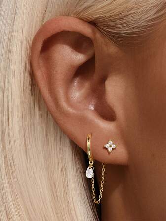 EleRunis 1PC 925 Sterling Silver Prong Setting Stud Long Tassel Cartilage Helix Piercing Jewelry For Women Daily Wear Wedding Party Engagement Anniversary Valentine's Day