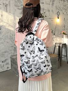 1pc Women's Fashion Butterfly Print Color Block Large Capacity Backpack, Classic Student School Bag, Versatile Commuter Backpack With Multiple Pockets - Black and White - View 9