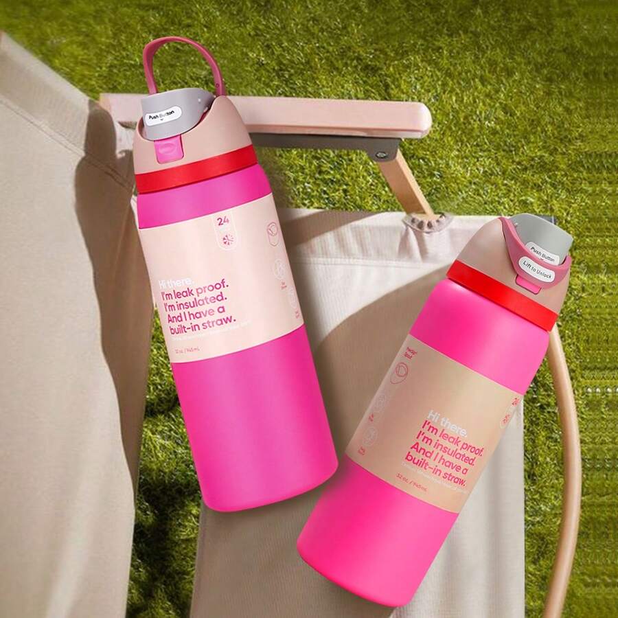 OwaIa Rose Red Large Capacity 32OZ/945ml One Hand Press Open Lid Sports Kettle - Double Drink Stainless Steel Outdoor Sports Kettle With Straw, Double Insulated 100% Leak-Proof Vacuum Bottle, Frosted Non-Slip Travel Cup - Large Capacity 32OZ/945ml - Perfect For Sports Gym, Hiking, Car, Beach Or Outdoor Adventure - 玫紅色 - 查看 1