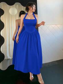 abyoxi Red Color Sexy Halter Neck Backless A-Line Midi Elegant Party Dress With Waist Design For Wedding Dating Dress Evening Party Festival Hot Girl Young Hot Style Spring And Summer New Women's Clothing