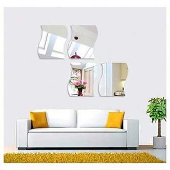 6 款简约波浪亚克力镜面贴纸，尺寸 4.72 英寸 * 3.54 英寸，用于墙面装饰，它们是自粘镜面贴纸，组合 DIY 镜面墙贴 3D 立体家居装饰创意自粘托盘，适合装饰桌子中心或婚礼房间装饰墙镜用于房间浴室装饰客厅装饰