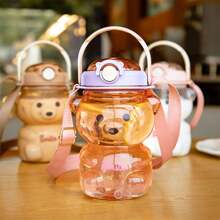 1000ml Cute Bear Water Bottle With Lock Lid & Strap - Leakproof PC Travel Cup For Kids & Adults - Cartoon Tumbler For School, Gym, Outdoor