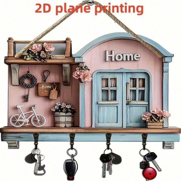 1 Stück, gemütliches Zuhause, einfacher und farbenfroher Holz-Schlüsselhalter, mit vier Metalllhaken (30,0 cm x 24,99 cm), 2D-Fläche, Wanddekoration, Veranda-Dekoration, Raumdekoration, Villa-Dekoration, multifunktionale Heimdekoration für alle Jahreszeiten