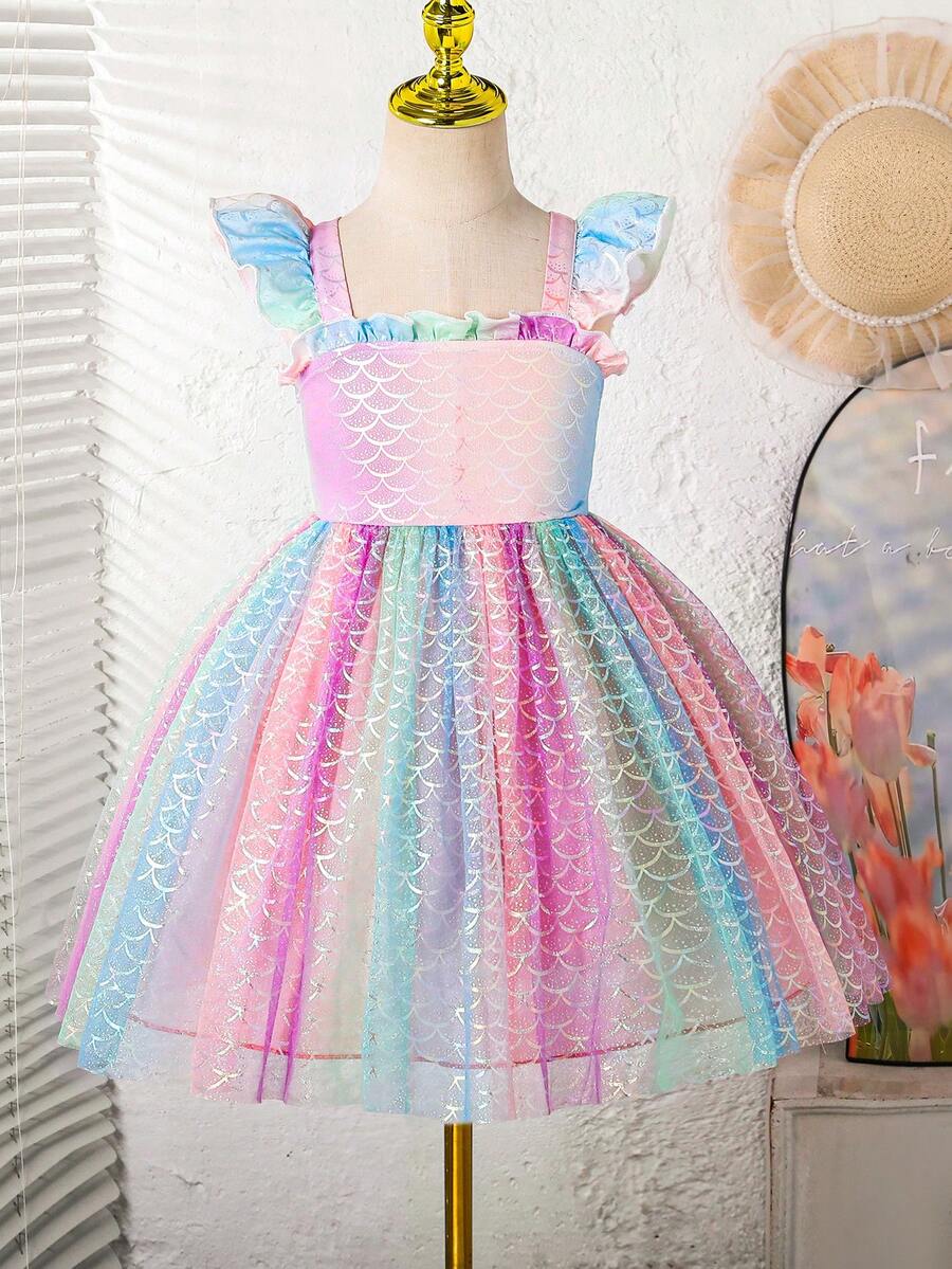 Young Girl' Dreamy Rainbow Unicorn & Fish Scale Print Ruffle Trim Cap Sleeve Dress, Sheer Fabric, Keep Away From Fire - Multicolor - View 1