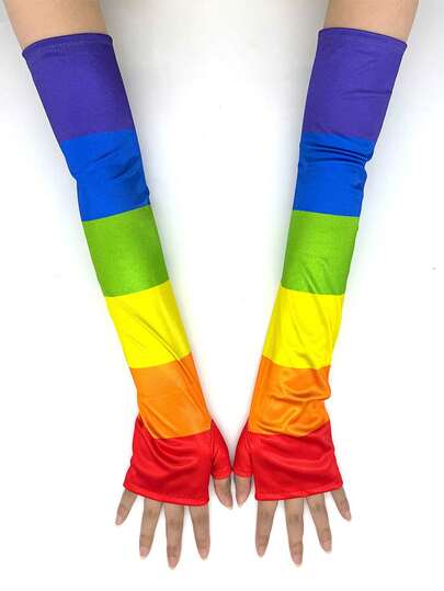 1 Pair Rainbow Striped 6-Color Patchwork Unisex Adult Fingerless Gloves, Suitable For Halloween, Holiday Parties, Parades, All Seasons
