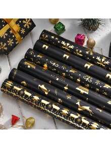 6 Stücke Weihnachtsgeschenkpapier mit Folie, Vintage Schwarz Gold Hirsch, Schneeflocke, Weihnachtsbaum Geschenkverpackung