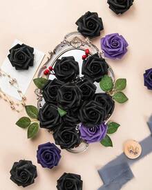 25Pcs Artificial Roses Flowers Fake Roses With Stems Real Touch Foam Flowers For DIY Wedding Bouquet Baby Shower Centerpiece Floral Arrangement Party Home Decor(Dark Red) - Black - View 4