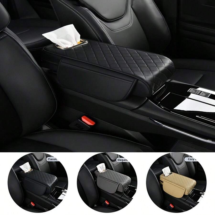 Multifunctional Car Armrest Pad With Storage Bag And Tissue Box, Center Console Cushion Organizer