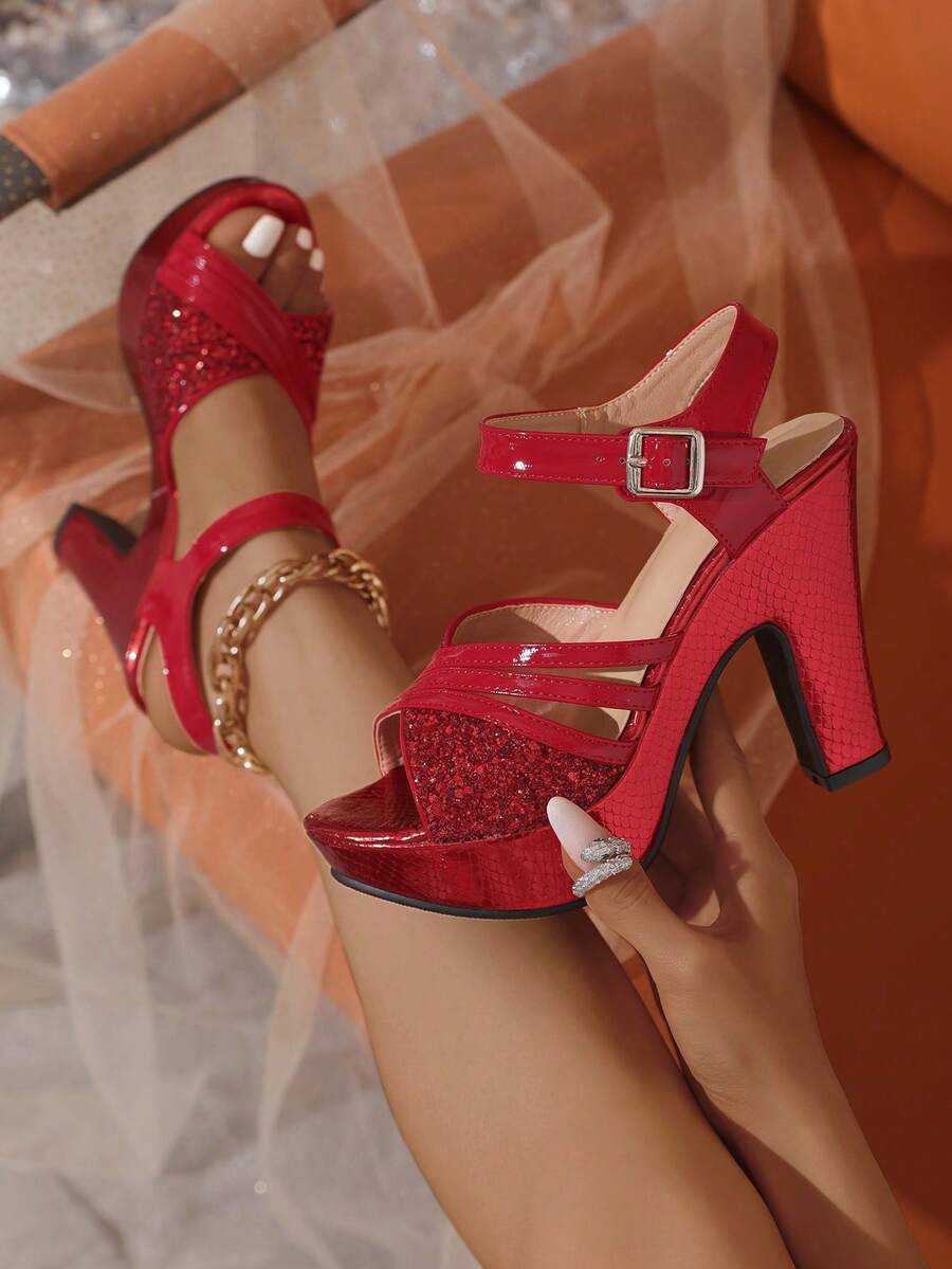 2024 New Thick Bottom Non-Fatiguing High Heel Sandals, Summer Chunky Heel Platform Peep-Toe Women Shoes - Red - View 1