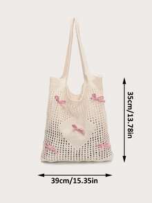 可爱蝴蝶结图案钩针单肩包镂空腋下包网眼假日旅行手提包夏季沙滩手提包女士蝴蝶结针织单肩包沙滩包镂空购物手提包钩针腋下袋女士旅行包 - 彩色 - 查看 11