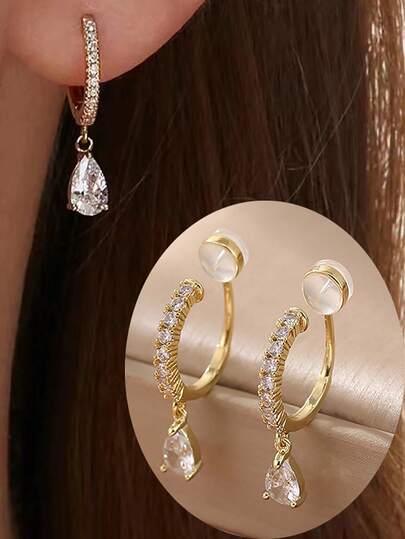 1 Pair Fashionable Zirconia Water Drop Clip Earrings For Women Fake Cartilage Piercing Jewelry