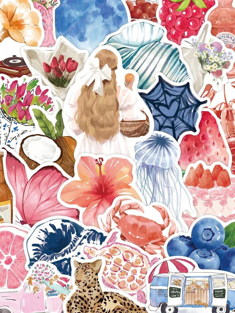 50Pcs Aesthetic Stickers Watercolor Stickers Journal Stickers Cute Stickers Cute Animal Stickers Flower Stickers Vinyl Stickers For Water Bottle,Computer,Laptop,Phone,Luggage,Notebook,Fridge