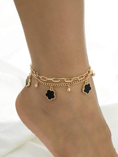 1 pieza Tobillera elegante de metal negro con flor y trébol de estilo veraniego multicapa, adecuada para vacaciones, fiestas, citas, regalos, uso diario (sin caja de regalo)