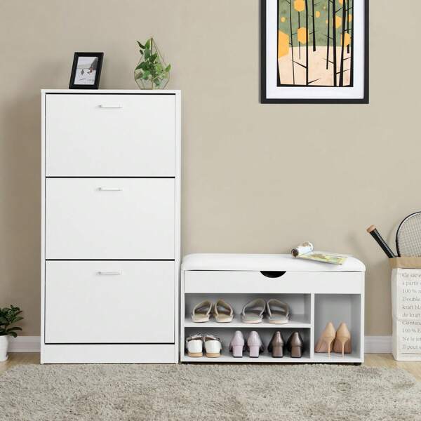 Zapatero, Mueble Zapatero, Zapatero con 2 Compartimientos, para Entrada, Pasillo, Sala de Estar, Dormitorio, 60 x 24 x 80 cm, Blanco
