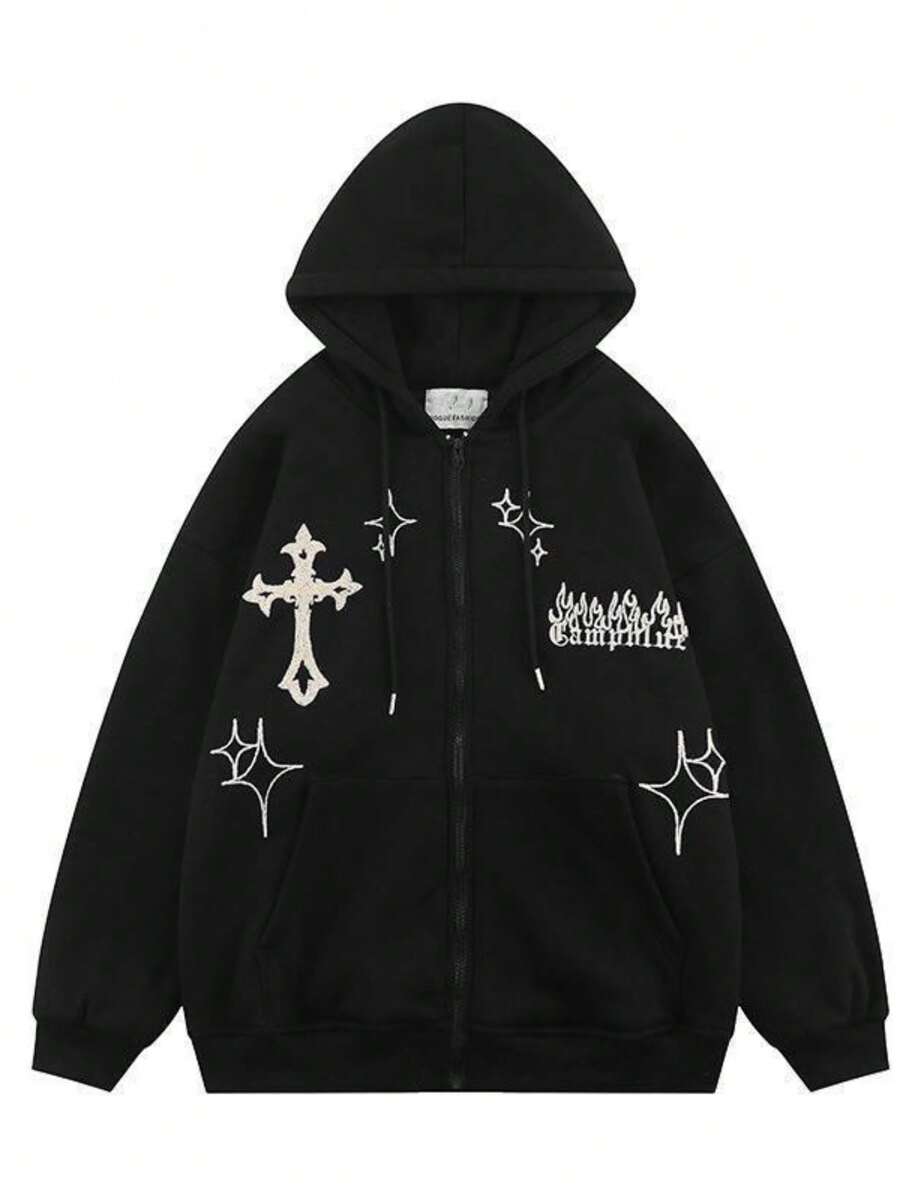 Men's And Women's Streetwear Cross-Stitch Zipper Hooded Sweatshirt, Retro Y2K Skeleton Spider Pattern Hooded Sweatshirt, Black Hooded Sports Shirt  Letter  Star    Casual    Pocket  Drawstring  Zipper    Home - 黑色 - 查看 1