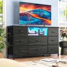 EnHomee Black Dresser TV Stand For 55'' With LED Lights & Charging Station, Dresser For Bedroom With 8 Drawer, Chest Of Drawers With Open Shelves, 6 Adjustable Feet, Hallway, Entryway, Closet