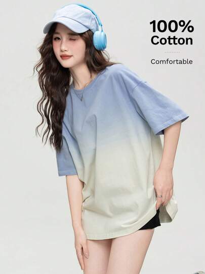 Camiseta de mujer de manga corta con efecto degradado y hombros caídos para el verano