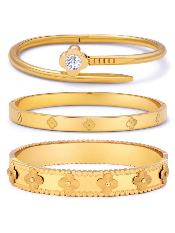 Vintage Floral Zirconia Bangle Set, Elegant Oxidized Zirconia Bracelet, Suitable For Women's Daily Wear
