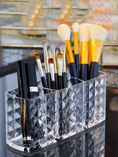 1件钻石纹三格透明笔筒化妆刷收纳盒创意浴室洗脸台桌面化妆笔眉笔口红收纳盒