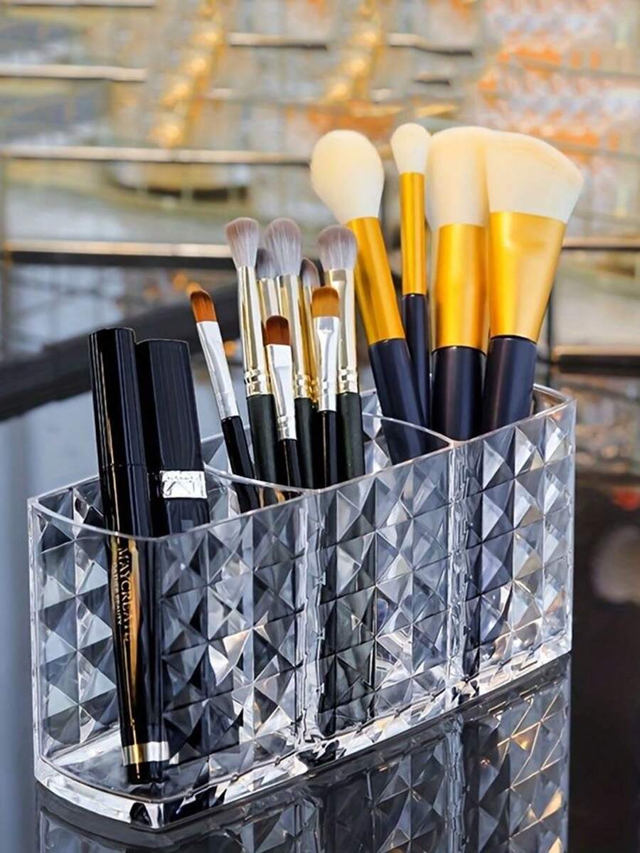 1件钻石纹三格透明笔筒化妆刷收纳盒创意浴室洗脸台桌面化妆笔眉笔口红收纳盒