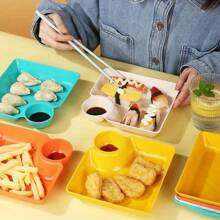 4pcs/Set Chip And Dip Serving Set, Plastic Colorful Dumpling Plate Serving Dishes, Reusable Serving Platter Dip Tray With Sauce Compartment For Sushi Taco Salsa Snack Appetizer Party
