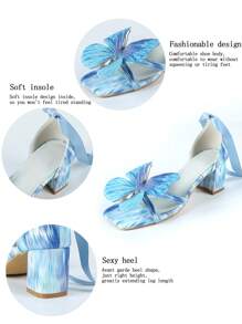 Sandalias de tacón medio con decoración de mariposa de encaje, de estilo elegante y dulce, en color blanco y azul con diseño de patchwork, apropiadas para primavera y verano, para uso diario y eventos