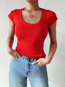 Paquete set 2 playeras dama mujer basica manga corta cuello redondo algodon 100% ajustada comoda ligera fresca - Rojo y blanco - Ver 5