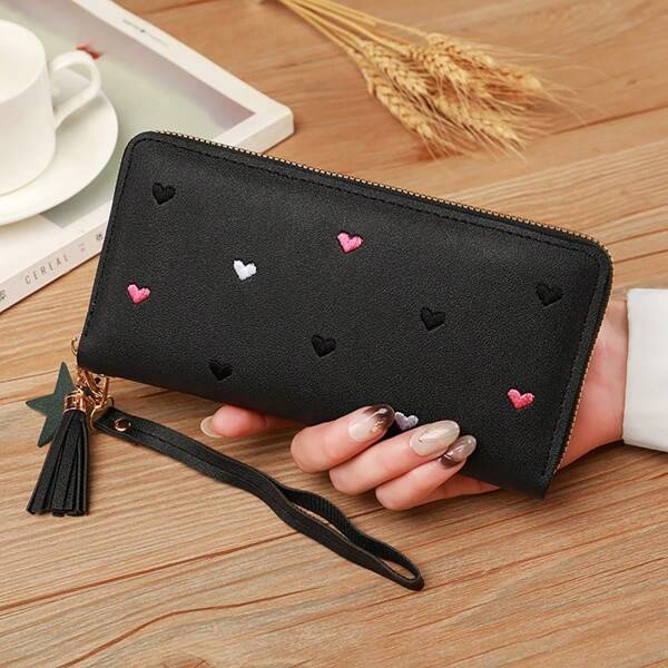 Women's Fringe Long Wallet Cute Coin Purse Zipper Credit Card Holder Fashionable And Simple Heart Embroidery Wallet Gift Gift Present Heart Purse(Heart Pattern Random) Wallet Purse Wallet Wallet Keychain Wristlet Wallet