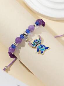 Disney 1 Disney  Bracelet, Blue And Purple Cat's Eye Beads, Stitch And Angie Cartoon Pattern, Crystal Elastic Bracelet Children's Gift Bracelet, Valentine's Day Gift