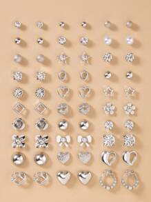 Set de 30 pares de aretes con perlas falsas de metal, estilos surtidos que incluyen corazón, estrella, rhinestone, lazo, flor, adecuados para días festivos, regalos, uso diario