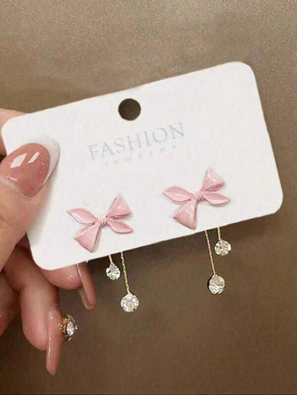 1 Paar rosa Schleifen-Quasten Ohrringe mit Strass, geeignet für Mädchen, süßer Sommerstil Ohrringe, Valentinstag, Muttertags Geschenke (ohne Karte)
