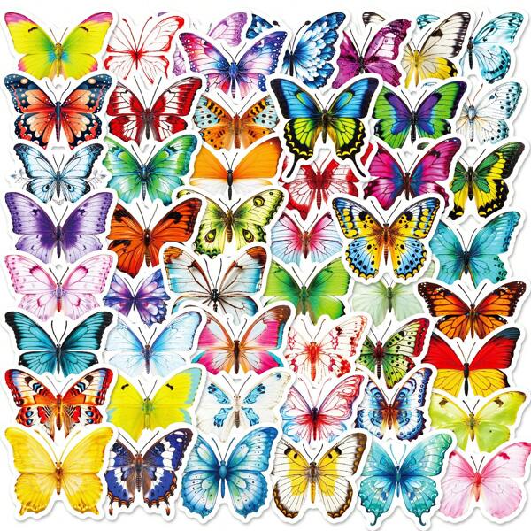 50 piezas Pegatinas de mariposas de colores, pegatinas decorativas resistentes al agua de PP adecuadas para botellas de agua, monopatines, portátiles, diarios, equipaje