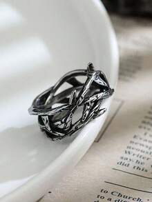 Y2k 银荆棘戒指 尖刺铁丝网戒指 独特几何戒指 开口可调节戒指 哥特式街头风戒指 - 復古銀色 - 查看 4