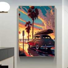 1 pieza Impresiones y carteles de arte de pared con opción de marco - Escenas naturales de viaje con vista al mar, pueblo costero, coches - Decoración de arte de lienzo para la sala de estar del hogar - Cuadros de pared - Regalos