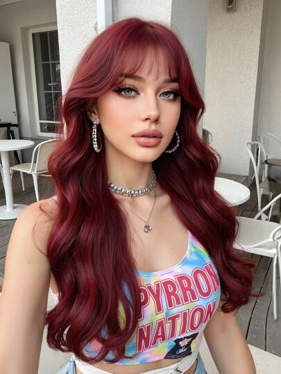 Burgundy Long Curly Wig With Bangs 24 Inch Red Natural Wavy Synthetic Wigs For Women Fashion Daily Party
