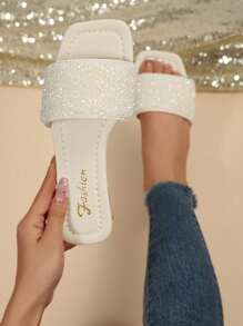 Women's Strap Crystal Embellished Slide Sandals, Summer Casual Versatile Outdoor Plastic Flat Slippers