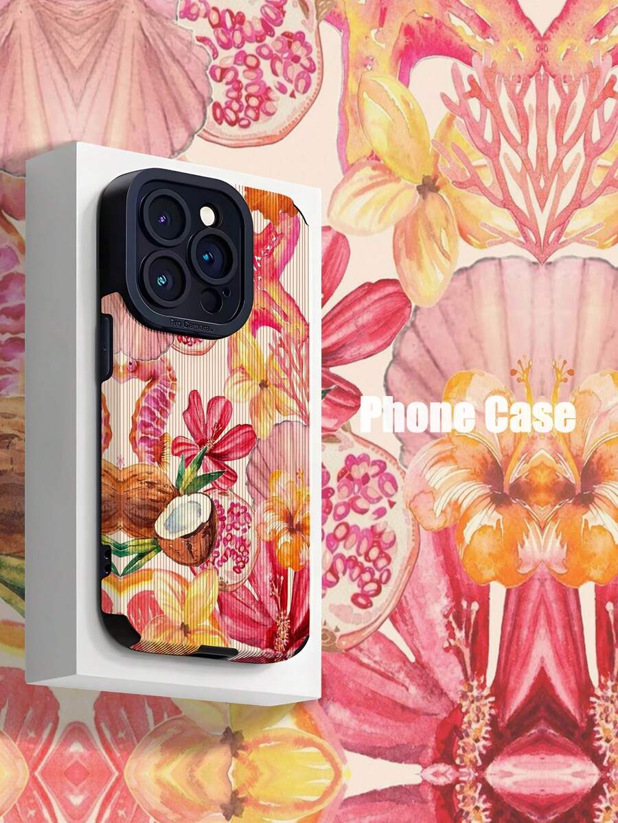 Flower 1pc Pink Hibiscus & Coconut Pattern Vertical Stripe Faux Leather Protective Phone Case, Compatible With Apple 16/16 Plus/16 Pro/16 Pro Max & Waterproof Shockproof Anti-Fall Scratch Resistant - Multicolor - View 1