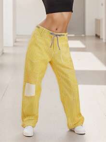 Women Striped Pants, Elastic Waist Drawstring Patchwork Wide Leg Pants Loose Trousers with Pockets - Amarillo - Ver 4