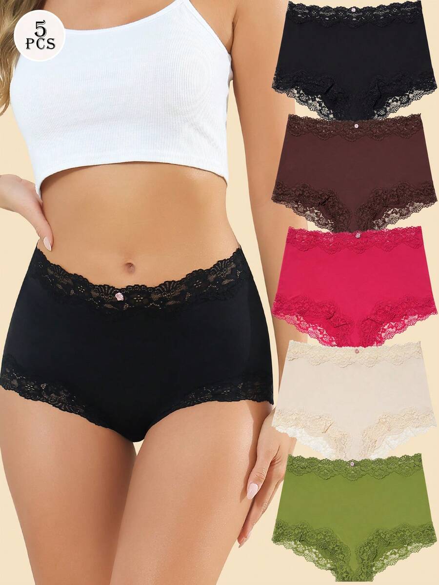 5 Packs Multicolor Comfortable Stretchy Lace Underwear For Women Lace Full Covreage Boxer Briefs Pantie S-XL - Nhiều màu - Xem 1