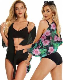 CHICGAL 2 Pieces Women Beach Sarong Bathing Suit Wrap Skirt Sheer Bikini Swimsuit Cover Ups Swimwear - 黑色和綠色粉紅色花卉 - 查看 2