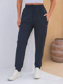 WOMEN'S PANTS, ELASTIC SPORTY - Aqua Blue - View 1