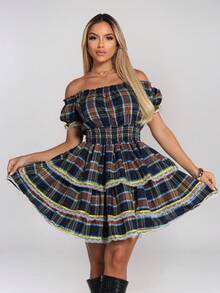 Quadrilha Dress For June Festivals, Plaid Party, Lace Fabric, Quadrilha Dress For June Festivals - 黑色 - 查看 2