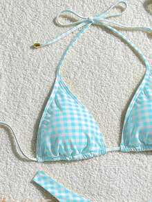 女士印花时尚黄色格子图案迷你三角比基尼套装，适合夏季泳装 - 淺藍色 - 查看 5