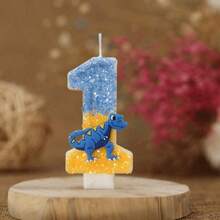 1pc Blue Dinosaur Numeral Candle, Cake Numeral Glitter Candle, Dinosaur Theme Birthday Party Jurassic Jungle Theme Cake Hat Anniversary Party Decor, Halloween, Ghost, Autumn, Holiday, Winter, Holiday, Festival, Room Decor, Gift, Birthday Candle, Birthday Decor, Happy Birthday, Cake Candle, Room Decor